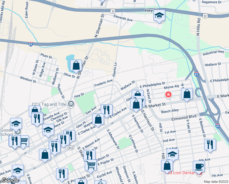 map of restaurants, bars, coffee shops, grocery stores, and more near 205 Eberts Lane in York