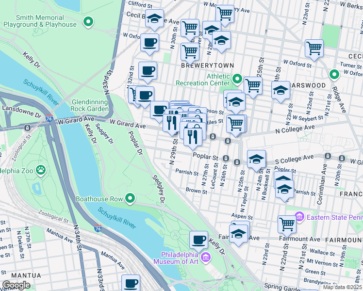 map of restaurants, bars, coffee shops, grocery stores, and more near 2838 Cambridge Street in Philadelphia