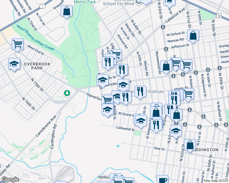 map of restaurants, bars, coffee shops, grocery stores, and more near 705 North 67th Street in Philadelphia