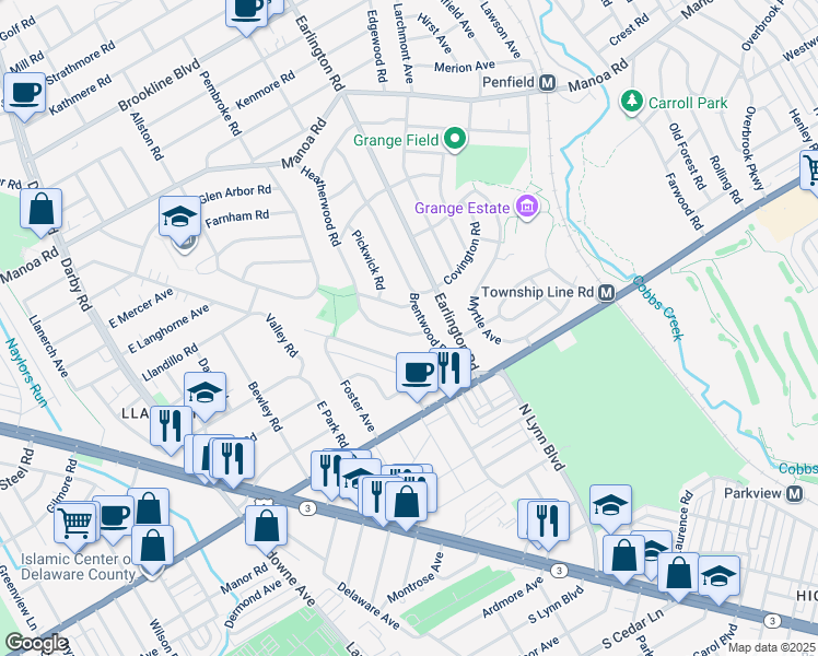 map of restaurants, bars, coffee shops, grocery stores, and more near 105 Heatherwood Road in Havertown