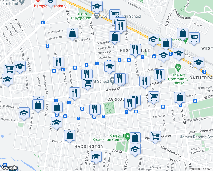 map of restaurants, bars, coffee shops, grocery stores, and more near 1422 North Wanamaker Street in Philadelphia