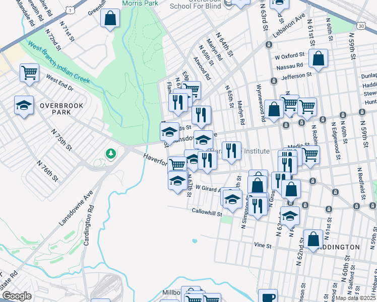 map of restaurants, bars, coffee shops, grocery stores, and more near 705 North 67th Street in Philadelphia