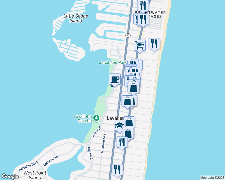 map of restaurants, bars, coffee shops, grocery stores, and more near Bay Boulevard & Reese Avenue in Lavallette