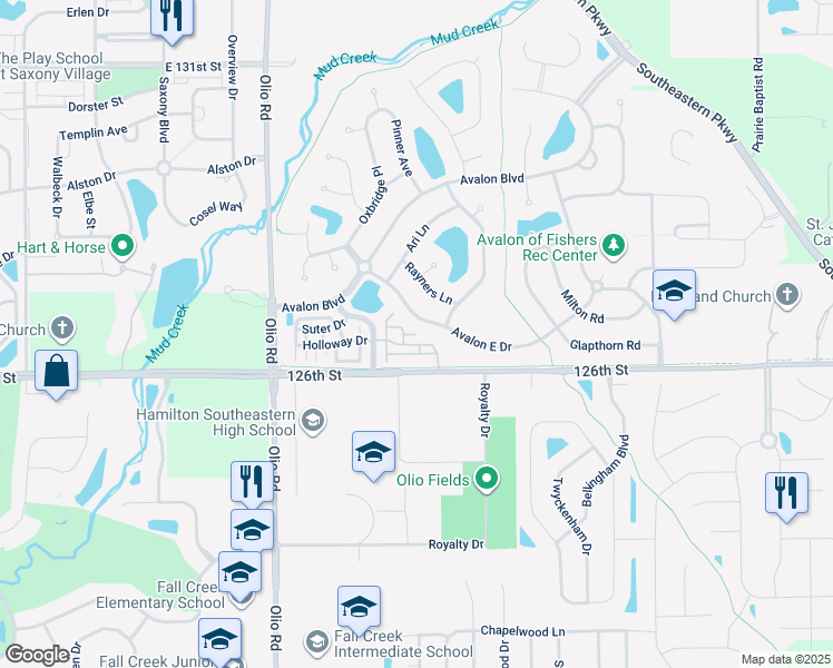map of restaurants, bars, coffee shops, grocery stores, and more near East End Road in Fishers