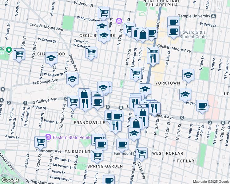 map of restaurants, bars, coffee shops, grocery stores, and more near 1631 West Cabot Street in Philadelphia