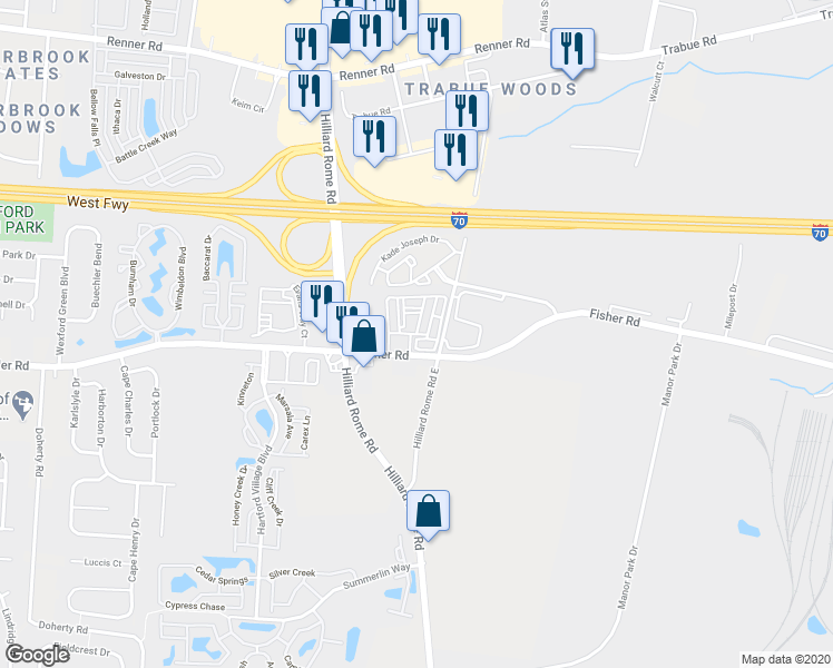 map of restaurants, bars, coffee shops, grocery stores, and more near Gabrielle Elaine Drive in Columbus