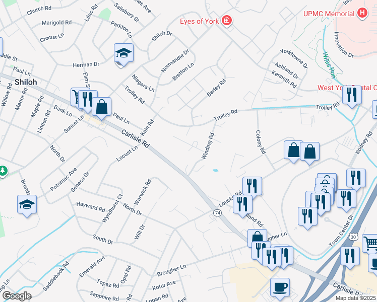 map of restaurants, bars, coffee shops, grocery stores, and more near 1758 Spring Street in York
