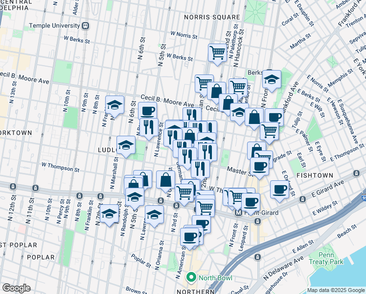 map of restaurants, bars, coffee shops, grocery stores, and more near 304 West Jefferson Street in Philadelphia