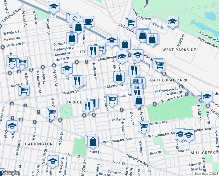 map of restaurants, bars, coffee shops, grocery stores, and more near 5426 Master Street in Philadelphia