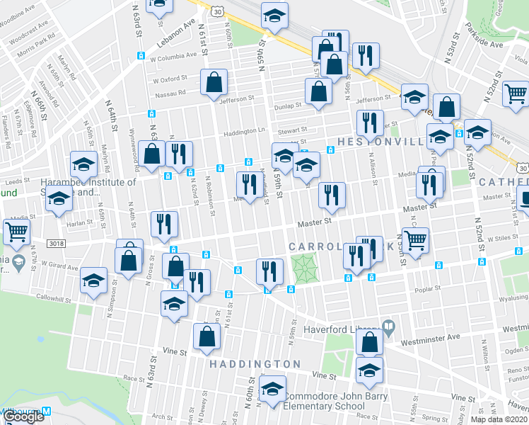 map of restaurants, bars, coffee shops, grocery stores, and more near 1434 North Redfield Street in Philadelphia