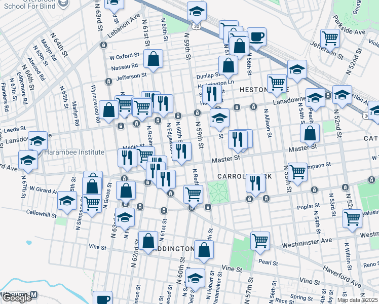 map of restaurants, bars, coffee shops, grocery stores, and more near 1434 North Redfield Street in Philadelphia
