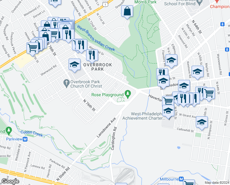map of restaurants, bars, coffee shops, grocery stores, and more near 7451 Brockton Road in Philadelphia