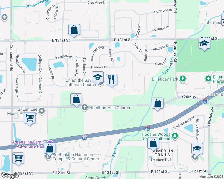 map of restaurants, bars, coffee shops, grocery stores, and more near 12714 Howe Road in Fishers
