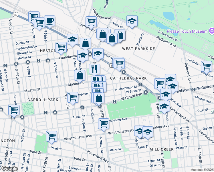 map of restaurants, bars, coffee shops, grocery stores, and more near 5126 Kershaw Street in Philadelphia