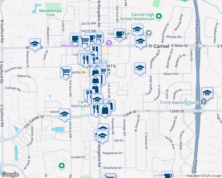 map of restaurants, bars, coffee shops, grocery stores, and more near 505 1st Avenue Southeast in Carmel