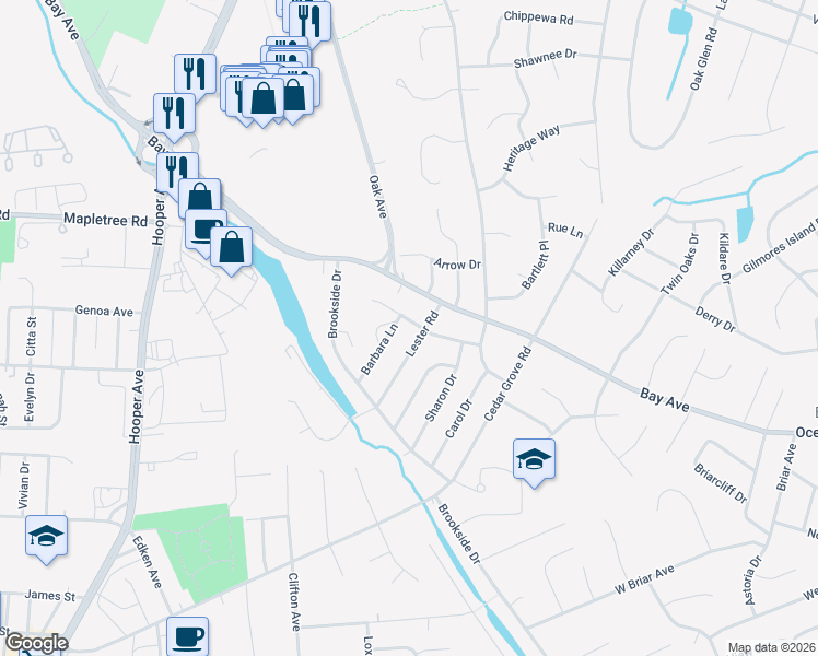 map of restaurants, bars, coffee shops, grocery stores, and more near 221 Barbara Lane in Toms River