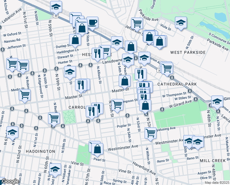 map of restaurants, bars, coffee shops, grocery stores, and more near 5426 Master Street in Philadelphia