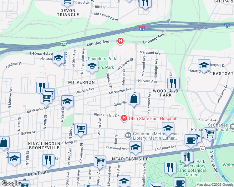 map of restaurants, bars, coffee shops, grocery stores, and more near 1447 Mount Vernon Avenue in Columbus