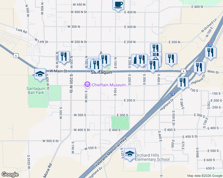 map of restaurants, bars, coffee shops, grocery stores, and more near 24 East 100 North Street in Santaquin