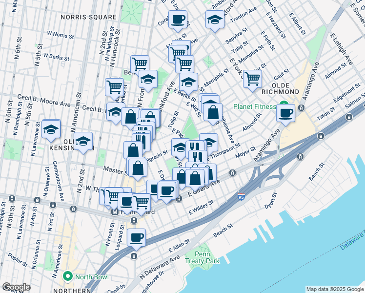 map of restaurants, bars, coffee shops, grocery stores, and more near 456 Belgrade Street in Philadelphia