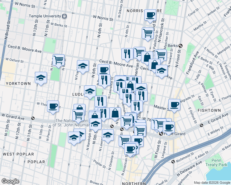 map of restaurants, bars, coffee shops, grocery stores, and more near 1442 North 4th Street in Philadelphia