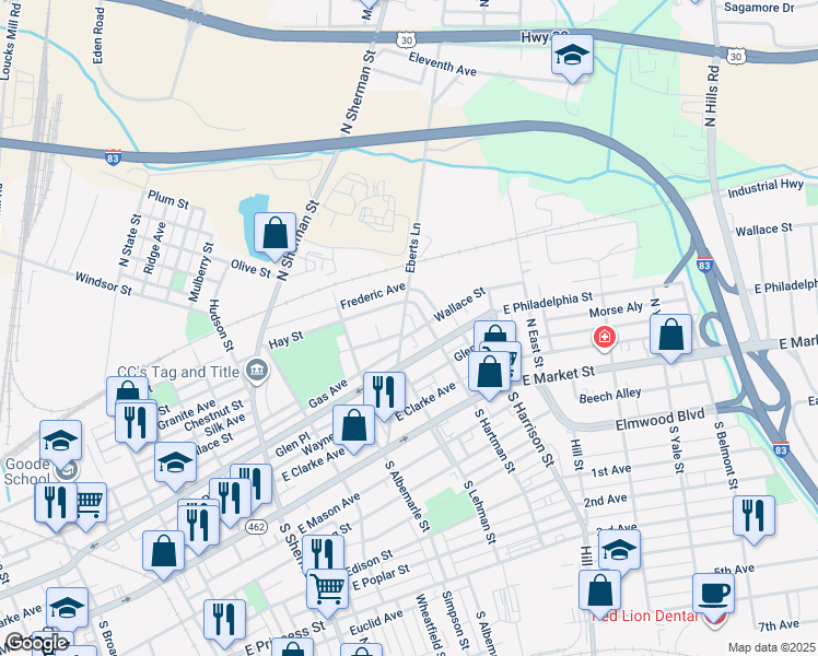 map of restaurants, bars, coffee shops, grocery stores, and more near 209 Eberts Lane in York
