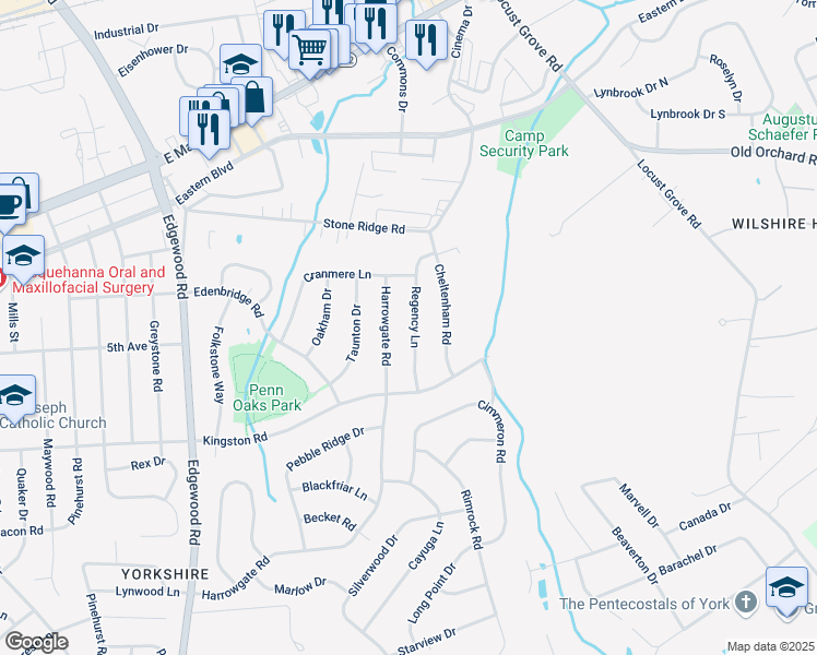 map of restaurants, bars, coffee shops, grocery stores, and more near 3641 Regency Lane in York