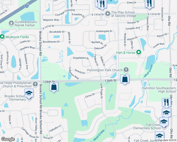 map of restaurants, bars, coffee shops, grocery stores, and more near 12992 Dewitt Drive in Fishers