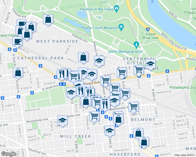 map of restaurants, bars, coffee shops, grocery stores, and more near 1206 Belmont Avenue in Philadelphia