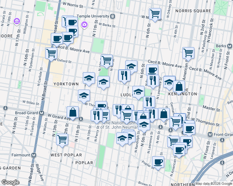 map of restaurants, bars, coffee shops, grocery stores, and more near 1412 North Franklin Street in Philadelphia