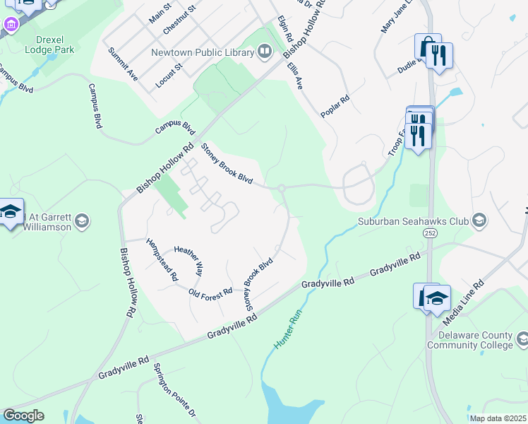 map of restaurants, bars, coffee shops, grocery stores, and more near 6 Rose Glen Court in Newtown Square