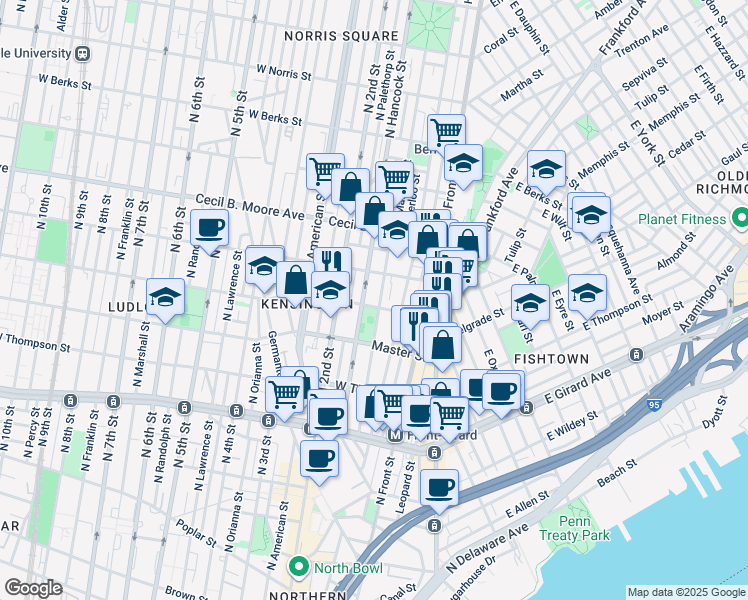 map of restaurants, bars, coffee shops, grocery stores, and more near 1520 North Mascher Street in Philadelphia
