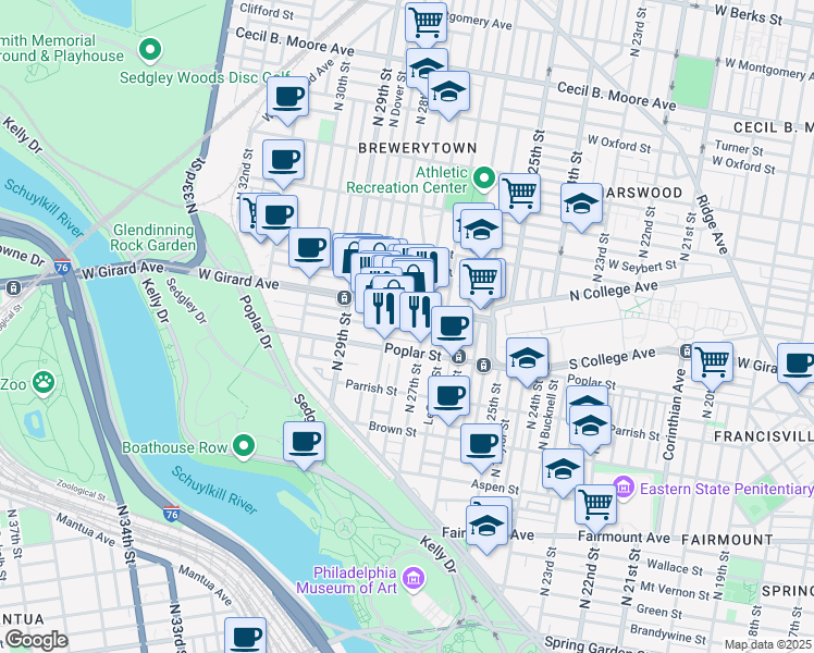 map of restaurants, bars, coffee shops, grocery stores, and more near 2721 Cambridge Street in Philadelphia