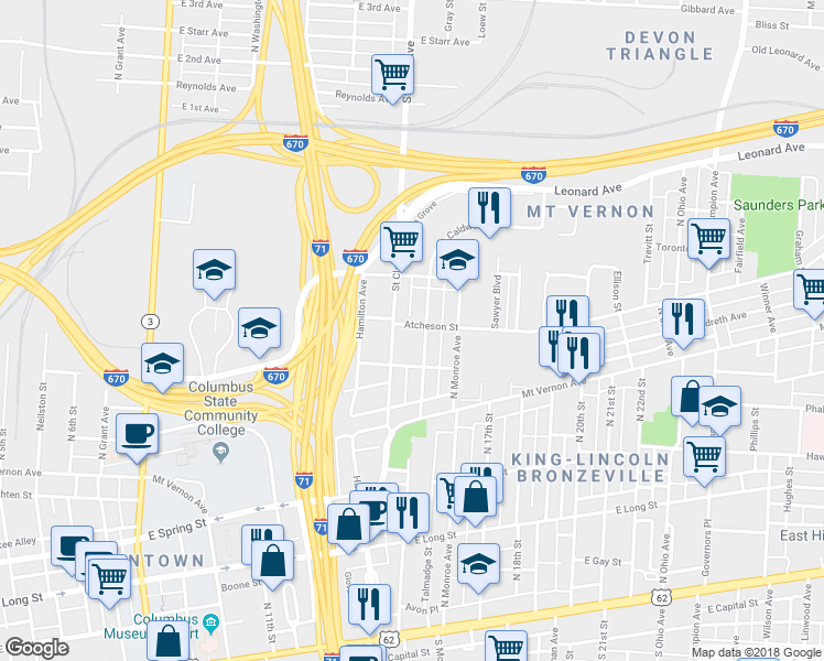 map of restaurants, bars, coffee shops, grocery stores, and more near 841 Atcheson Street in Columbus