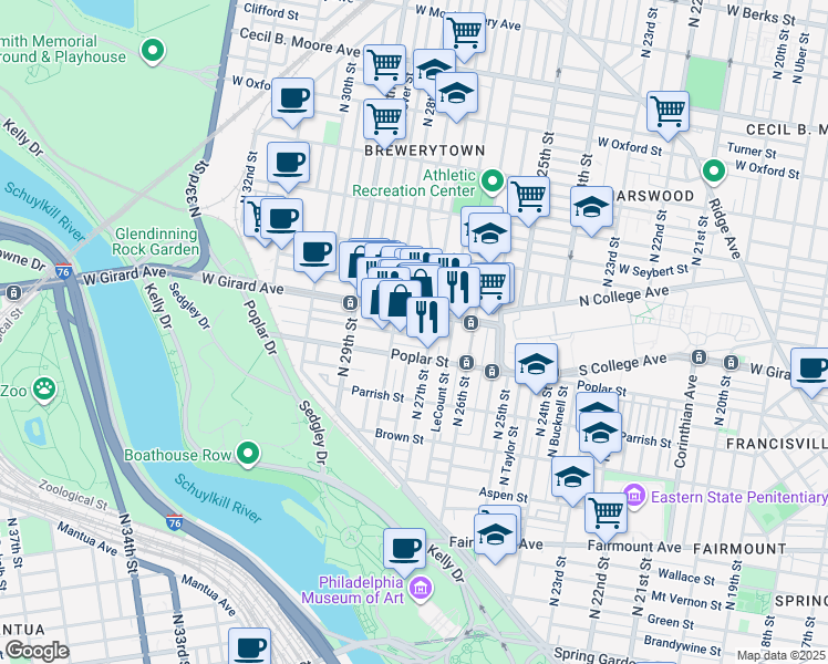 map of restaurants, bars, coffee shops, grocery stores, and more near 2728 Cambridge Street in Philadelphia