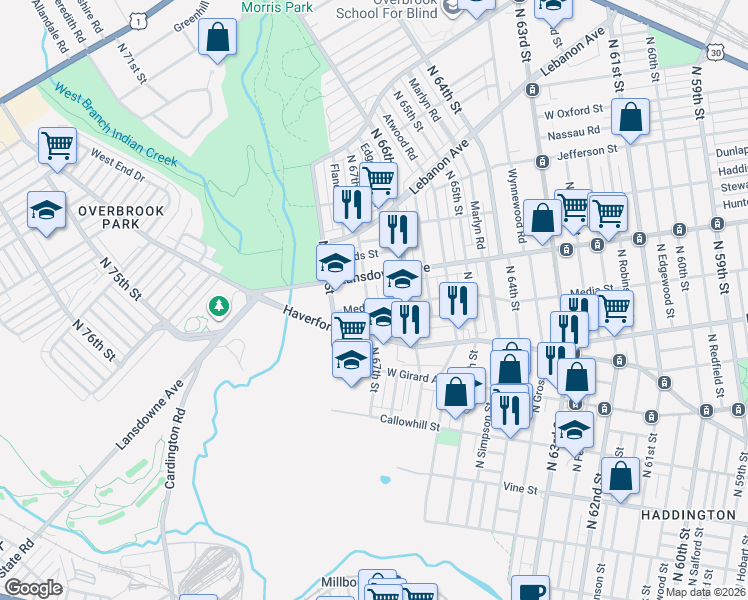 map of restaurants, bars, coffee shops, grocery stores, and more near 707 North 67th Street in Philadelphia