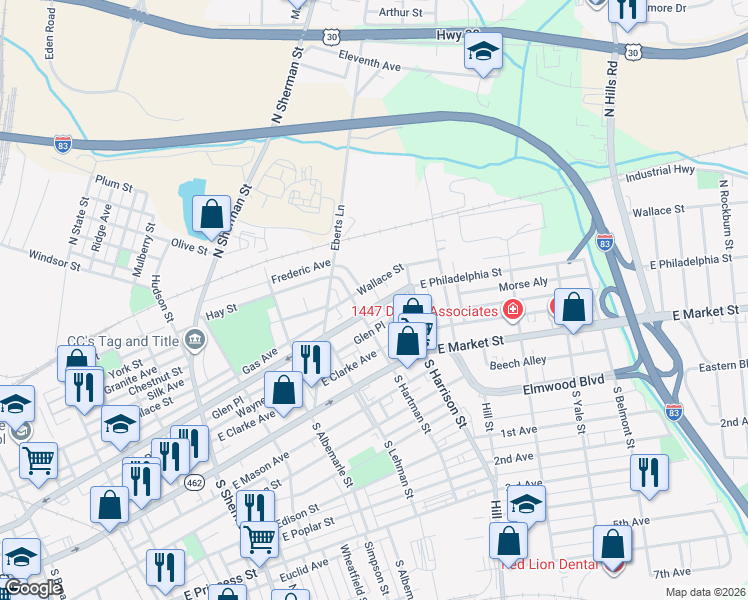 map of restaurants, bars, coffee shops, grocery stores, and more near 1205 East Philadelphia Street in York