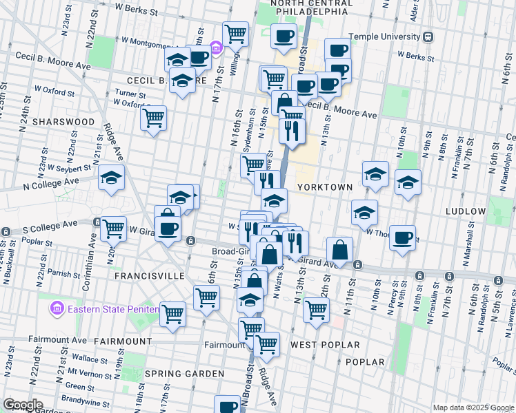 map of restaurants, bars, coffee shops, grocery stores, and more near 1306 North Carlisle Street in Philadelphia