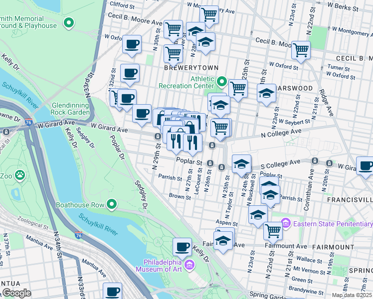 map of restaurants, bars, coffee shops, grocery stores, and more near 2721 Cambridge Street in Philadelphia