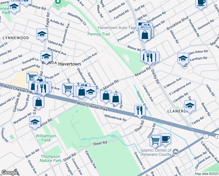 map of restaurants, bars, coffee shops, grocery stores, and more near 405 North Manoa Road in Havertown