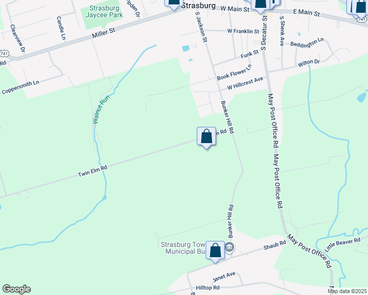 map of restaurants, bars, coffee shops, grocery stores, and more near 420 Twin Elm Road in Strasburg