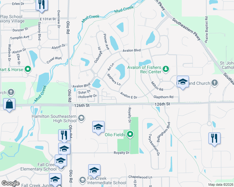map of restaurants, bars, coffee shops, grocery stores, and more near 14041 Avalon East Drive in Fishers