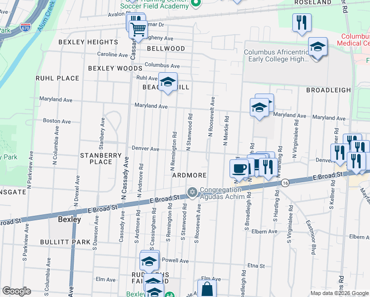 map of restaurants, bars, coffee shops, grocery stores, and more near 139 North Stanwood Road in Columbus