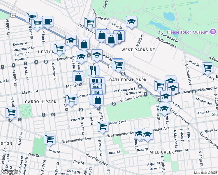 map of restaurants, bars, coffee shops, grocery stores, and more near 5110 Kershaw Street in Philadelphia