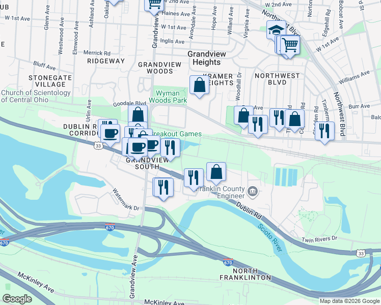 map of restaurants, bars, coffee shops, grocery stores, and more near 1444 City View Drive in Columbus