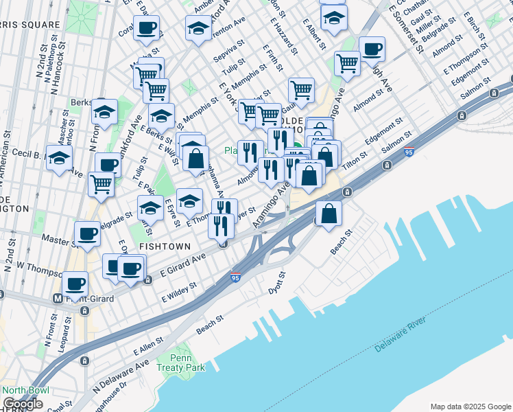 map of restaurants, bars, coffee shops, grocery stores, and more near 847 Moyer Street in Philadelphia