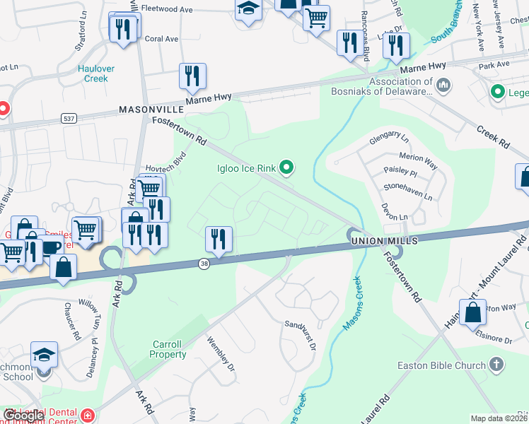 map of restaurants, bars, coffee shops, grocery stores, and more near 3032 Fostertown Road in Mount Laurel Township