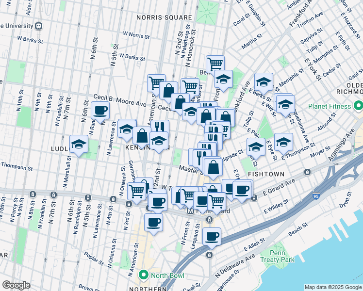 map of restaurants, bars, coffee shops, grocery stores, and more near 1520 North Mascher Street in Philadelphia