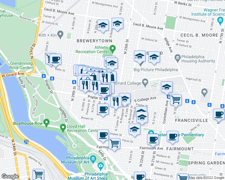 map of restaurants, bars, coffee shops, grocery stores, and more near 2530 West Girard Avenue in Philadelphia