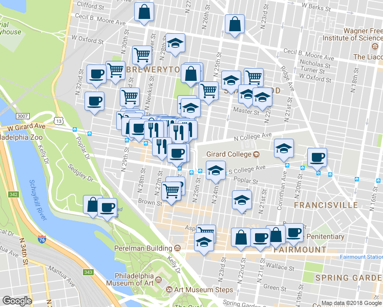 map of restaurants, bars, coffee shops, grocery stores, and more near 2530 West Girard Avenue in Philadelphia
